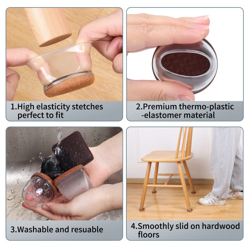 Ezprotekt 8 Pcs Extra Large Chair Leg Protectors with Felt, Silicone Felt Furniture Pads, Floor Protectors for Chair, Bar Stools Leg Protectors Caps, Table Leg Cups Covers (XL Fit: 1.4""-1.65"", Clear) - Image 4